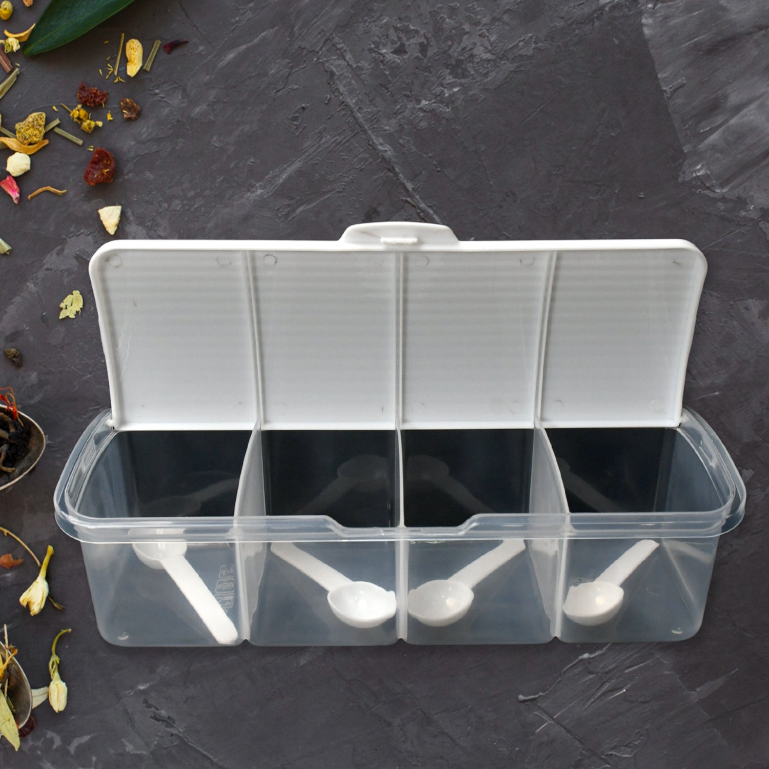 8263 Kitchen Multipurpose Air-tight 4 Sections Storage Containers / Masala Box Pickle (Achar) Jar with 4 spoon for each section (1 Pc / Mix Color) 8263 Kitchen Multipurpose Air-tight 4 Sections Storage Containers / Masala Box Pickle (Achar) Jar with 4 spoon for each section (1 Pc / Mix Color)